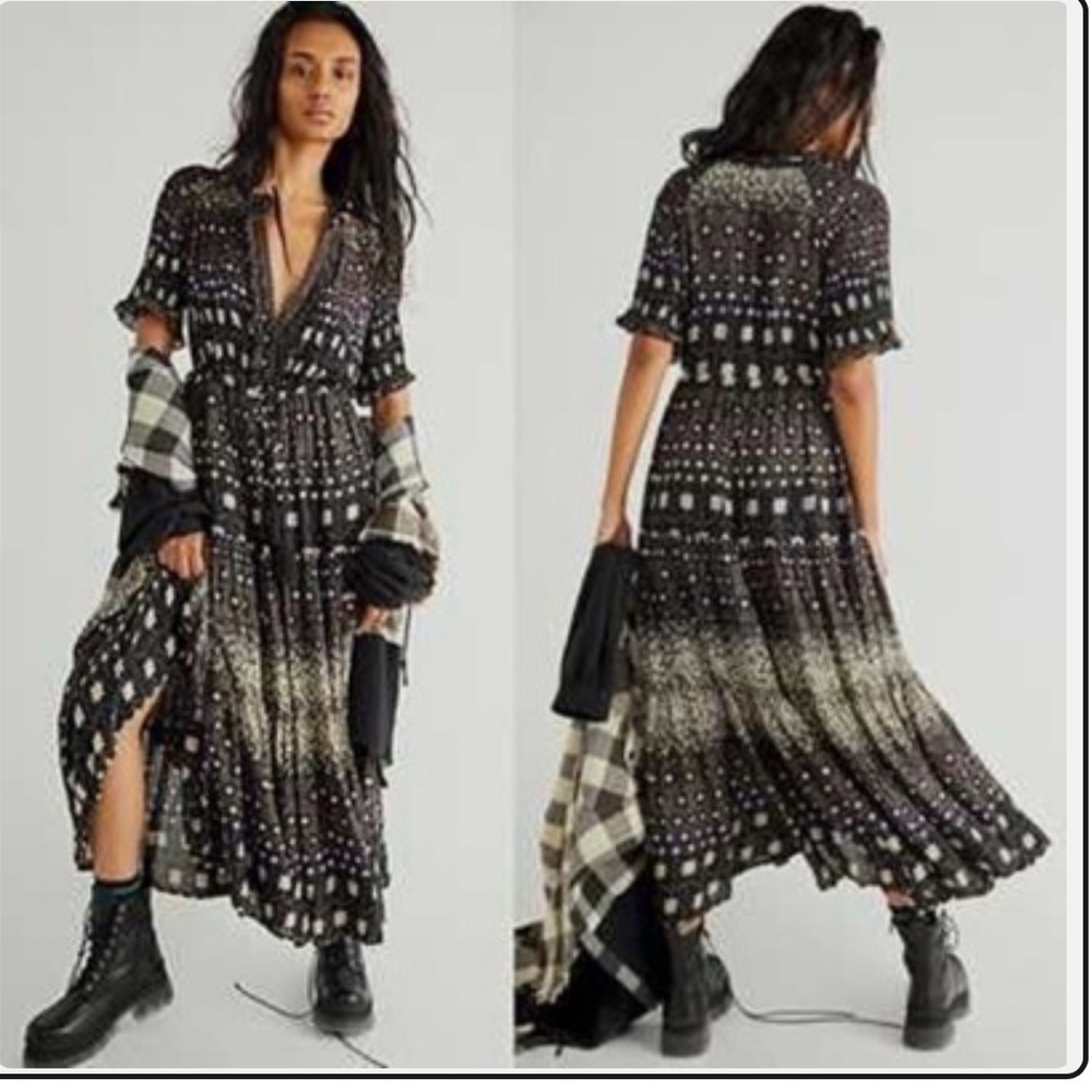 Free People Rare Feelings Boho Black Printed Maxi Dress size Small